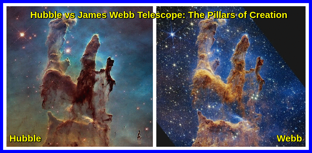 Hubble vs James Webb Telescope - The Pillars of Creation.gif