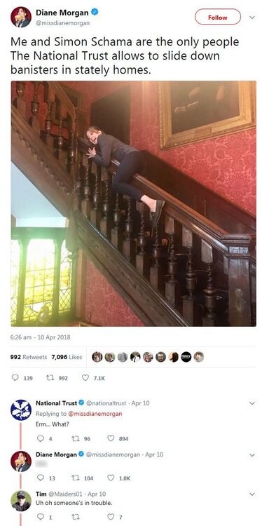 Philomena Cunk (Diane Morgan) On Bannisters In Statley Homes.JPG