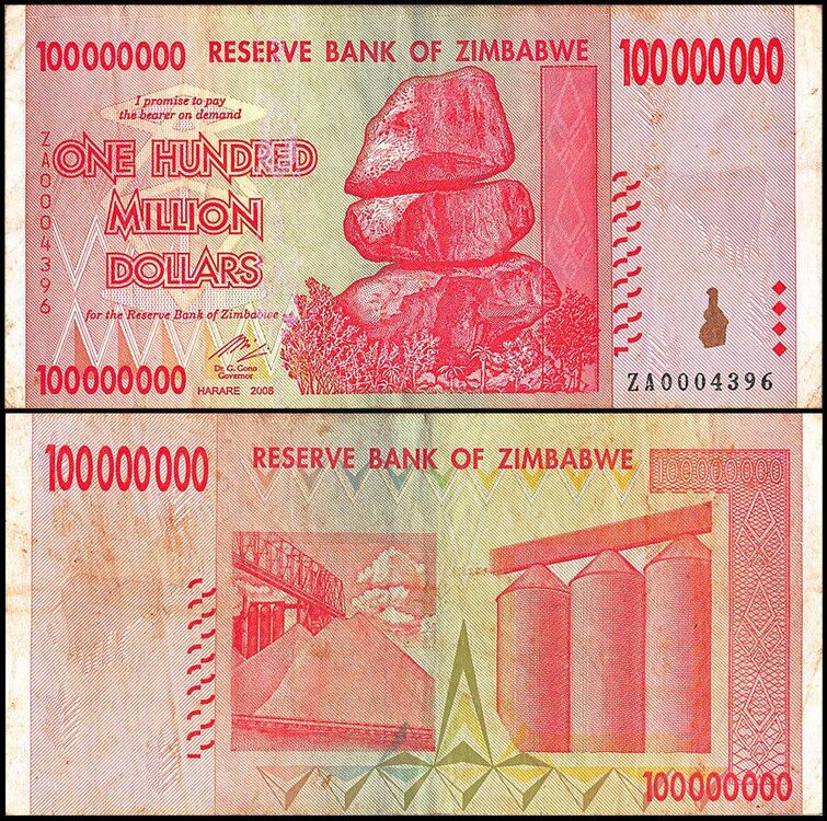 Zimbabwe 100 Million Dollars, 2008, P-80, Used, Replacement.jpg